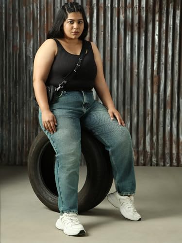 Image of High Star Women Cotton Washed Mom Fit Casual High-Rise Jeans