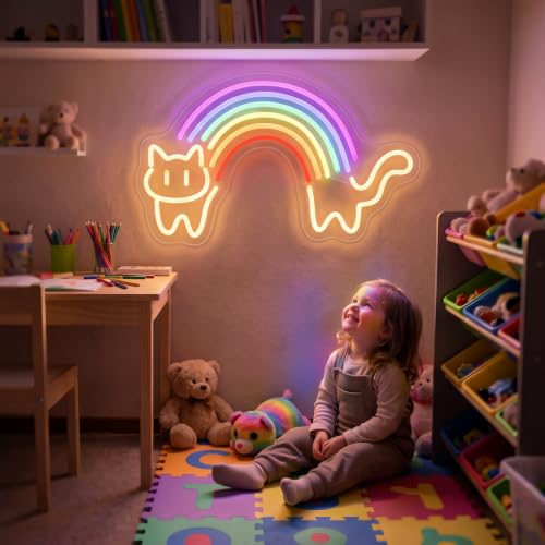 Image of Rainbow Cat LED Neon Sign, Dimmable USB Light for Kids Room Wall Decor Gift