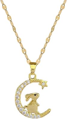 Cute Rabbit Moon Pendant Necklace for Women Stainless Steel Cubic Zirconia Crystal Crescent Moon Bunny Animal Star Adjustable Choker Gold Plating Chain Necklaces Dainty Easter Birthday Jewelry