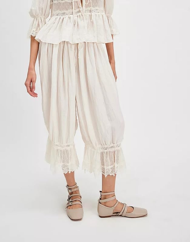 Women Y2K Bloomer Pants Lace Trim Loose Fit Ruffle Bloomers Elastic Waist Cropped Pumpkin Pettipants Pajama Bottom - Image 2
