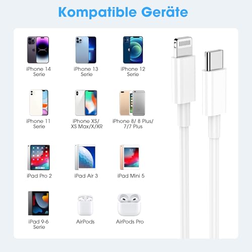 Lightning Kabel USB C 2Pack 1M+2M Für IPhone ladekabel MFi Zertifiziert für Apple Schnellladekabel für IPhone 14/13/12/11/Pro/Pro Max/Mini/XR/XS/XS Max/X/8/7/6/6s/Plus/iPad-Weiß 6