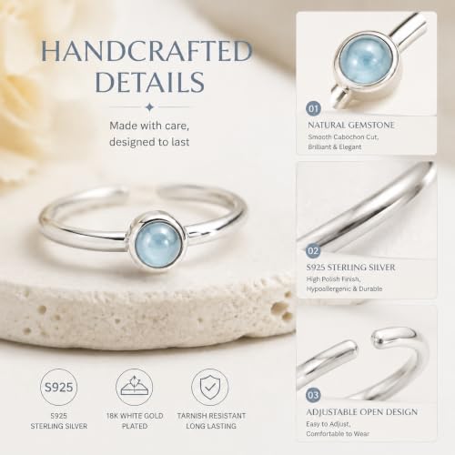 Natural Aquamarine Ring for Women 925 Sterling Silver Adjustable Open Ring - image 3