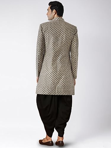 Image of KISAH Men's Indo-Western Sherwani, Peach Cotton Blend, Foil Print Regular Fit Mandarin Collar Long Sleeves