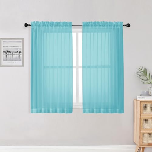Image of OWENIE Aqua Kitchen Sheer Curtains for Bedroom Living Room 45 Inch Length, Bedroom, Soft Solid Light Filtering Voile Short Sheer Curtain for Small Window, 42 inch W x 45 inch L, Aqua