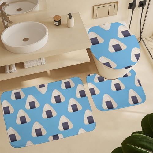 トイレマット おにぎり柄 おむすび 和風 寿司 バスマット 3点セット ふたカバー 吸水 おしゃれ 滑り止め トイレ床マット カーペット フタカバー 便座カバー U型 O型 兼用 浴室 家庭用