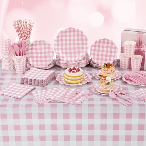 Image of Funnymoom 452 Pcs Pink Gingham Party Supplies for 50 Guests, Pink Gingham Paper Plates Napkins Cup Tablecloth Disposable Tableware for Wedding Bridal & Baby Shower Party BBQ Picnic Birthday Decoration