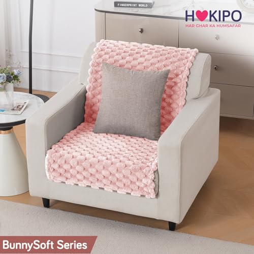 Image of HOKIPO Luxury Rabbit Wool Plush Fluffy Sofa Cover for 1 Seater Sofa | Full Protection for Sofa Seat and Back | 'BunnySoft Series' (180x60 cm), Flamingo Pink (AR-6666-PNK)