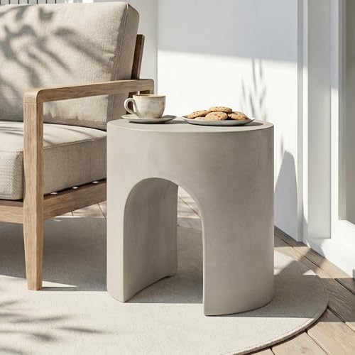 SUNBURY Outdoor Side Table 16 W Concrete End Table w Arch Shape Round Cement Accent Table Lightweight for Patio Modern Decorative Garden Stool for Patio Backyard Grey