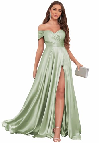 Image of SOLODISH Off The Shoulder Satin Prom Dresses for Women Long Formal Evening Party Dress with Slit