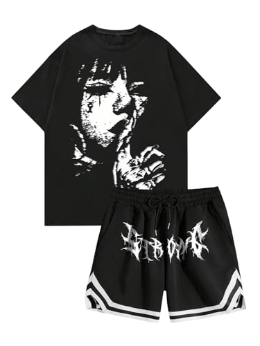 Men's 2 Piece Short Sets Outfits Short Sleeve Graphic Tees and Drawstring Waist Basketball Shorts