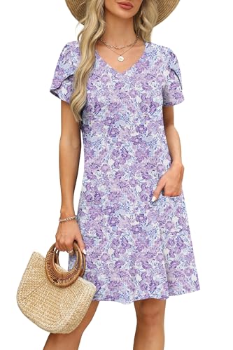 Image of OFEEFAN Womens Summer Dresses 2026 Tulip Petal Short Sleeve V Neck Loose Swing Sundresses with Pockets Plain /Print