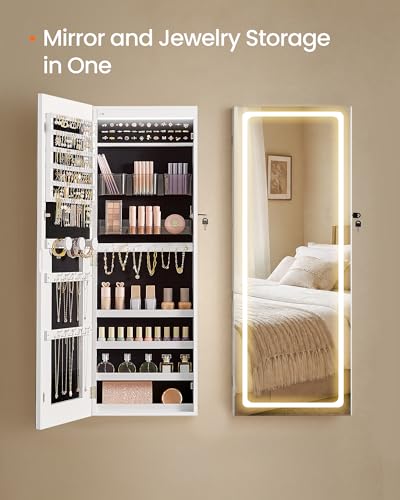 Image of SONGMICS HOME Mirror Jewelry Cabinet, Lockable Hanging Jewelry Organizer with Full-Length Mirror, Door or Wall Mounted Storage Cabinet, Adjustable LED Lights, White