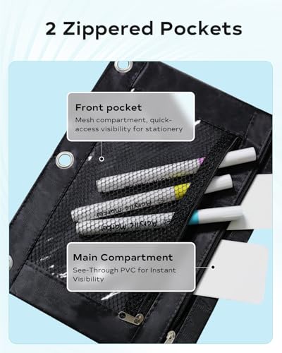 Image of Pencil Pouch for 3 Ring Binder - 3 Hole Zipper Pen Case Bag Holder Bulk Accessories Clear Window Aesthetic Organizer Pockets