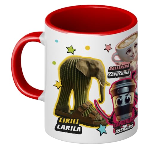 Taza Cerámica Infantil Italian Brainrot 325 ml | Lirili Larila, Capuchino Assasino, Bungoletti Spaghettini, Bombardiro Crocodilo, Ballerina Capuchina y Tralalero Tralala | Regalo Original (ROJO)