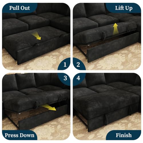 Image of 83.5 inch Chenille Sectional Sleeper Sofa, Pull Out Couch with Storage, Black
