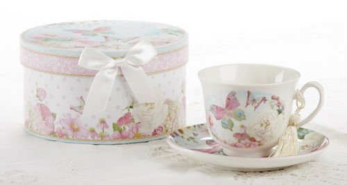 Delton Products Porcelain Tea Cup and Saucer with Gift Box, Butterfly
