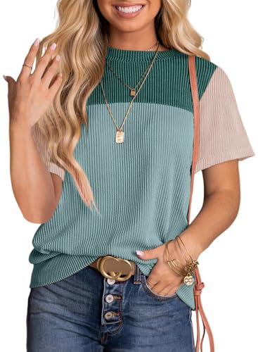 Dokotoo Womens Shirts Color Block Short Top Cute Pullover Ladies Tees & Blouse Spring Summer Business Casual t Shirts Blouses for Women Fashion 2025 Green Medium