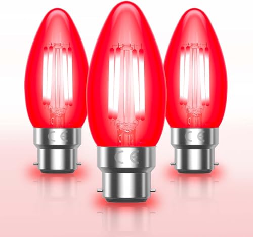 Bonlux Red Led Light Bulb Bayonet 4W C35 Candle Bulbs 40W Equivalent, B22 LED Filament Bulb Red Fireglow Bulb, Non-dimmable, Clear Glass for Electric Fireplace, Christmas Decor, Sleep Lighting- 3Pack
