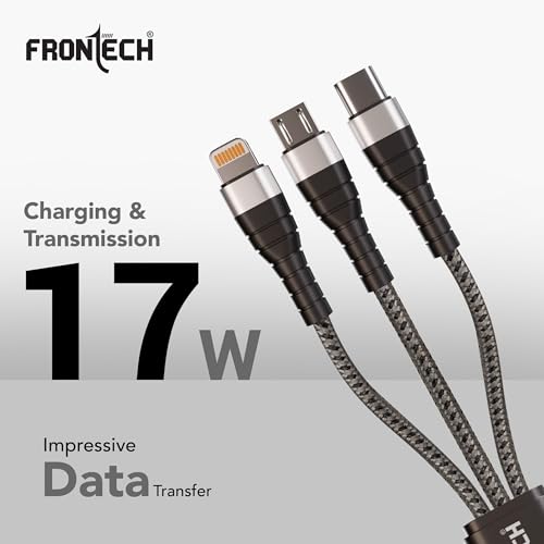 Image of FRONTECH 17W 3-in-1 Multi Fast Charging USB Cable | Type-C, Micro USB & 8 Pin Port | 1.2 Meter Braided Cable | Smart Chip Protection | Grey /Black (FT-1053)