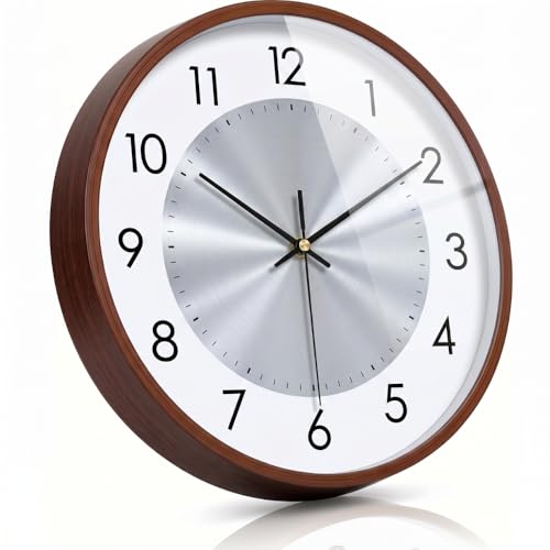 Image of ginoya brothers 12-Inch Round Wall Clock, Silent Non-Ticking Quartz Sweep Movement, Easy-to-Read Easy-to-Read Analog Display Living, Office & Home Decor (Silver)