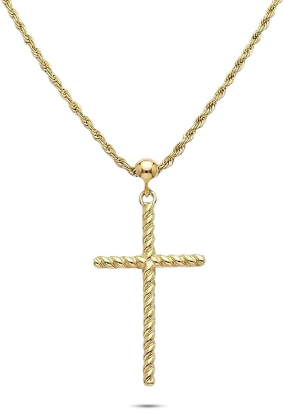 14K Solid Gold Rope Cross Pendant & 1.3mm Rope Chain, 20" – Ball Bail Design, Lobster Clasp Closure