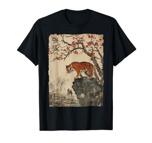 Vintage Japanese Tiger with Cherry Blossoms Tree Woodblock T-Shirt