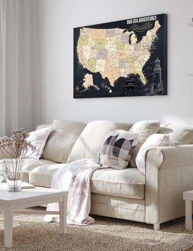 Image of IPIC - USA Map Canvas Painting for Wall Decor, Pinnable World Board to Mark Travels, Oversize World Travel Map Print for Home, Office, Study, and RV, Ready to Hang