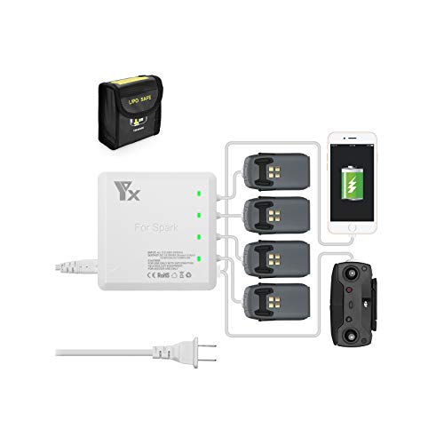 [UPGRADE] Powerextra Spark 6 in 1 Rapid Intelligent Multi Battery Charger Hub (Charge 4 Batteries Simultaneously & 2 USB Ports) + LiPo Battery Safe Bag (2 Batteries Capacity) Compatible with DJI Spark