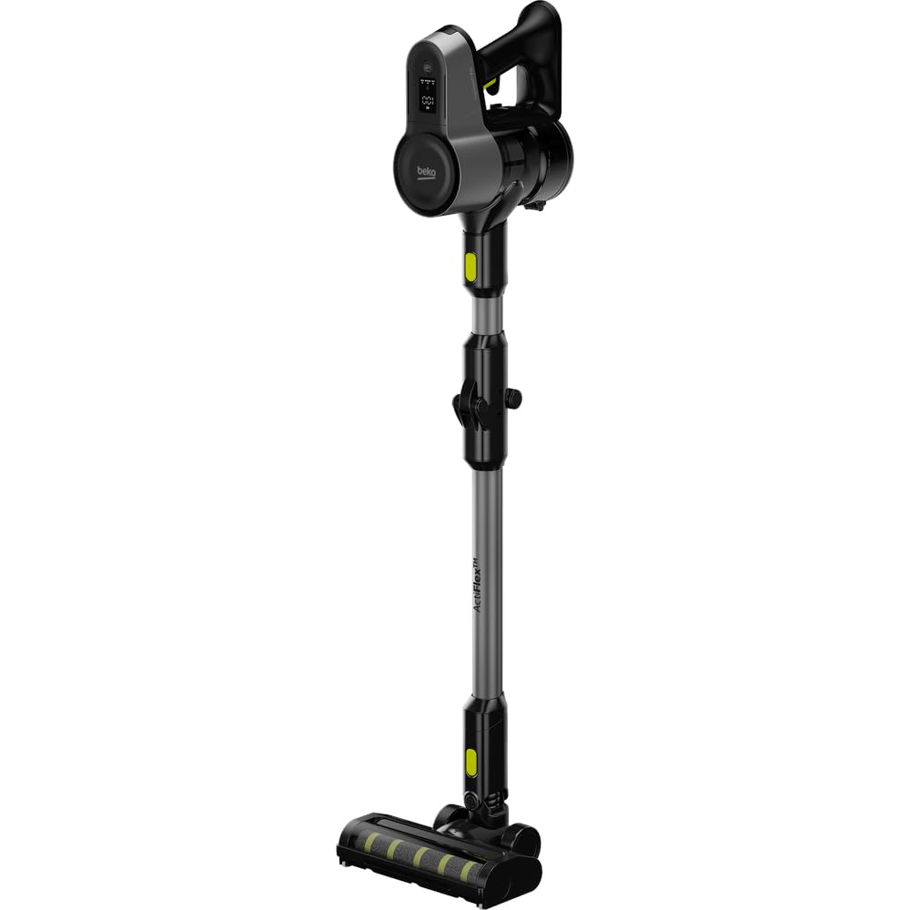 Person using Beko ErgoClean VRT84225VI Cordless Vacuum Cleaner on a wooden floor with a dog resting nearby