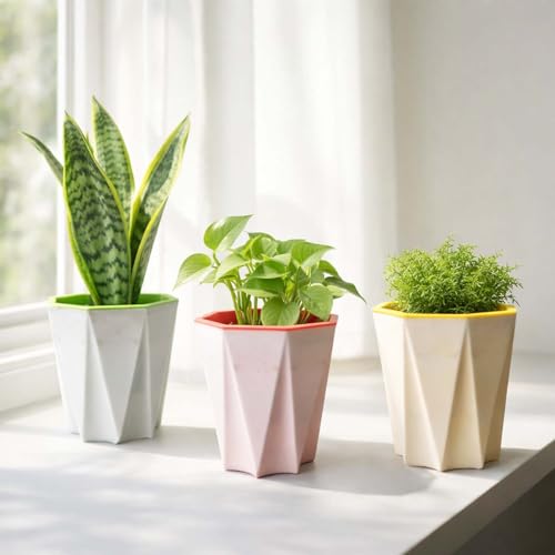 Image of Go Hooked Self Watering Plant Pot (4inch, Pack of 3) | Assorted Plastic Flower Pot with Inner Drainage Insert | Geometric Designer Planter for Indoor Plants, Succulents, Home Decor & Office Table Use