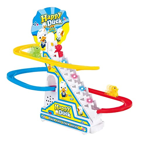 Image of Kids Mandi Duck Roller Coaster Slide Toy Set |3 Cute Ducklings Climbing Stairs automatically with Lights & Music | Electric Duck Chasing Race Track Set | Small ducks climbing stairs toy set
