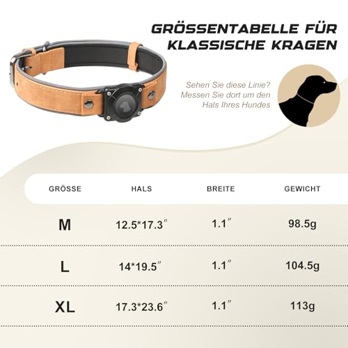 Halsband Hund Leder mit Air Tag Halter, Airtag Hundehalsband IPX8 Wasserdicht, Handgefertigt, Weich und Bequem, Reflektierend, Verstellbare Polsterung, für Mittlere Große Hunde (Hellbraun, L)
