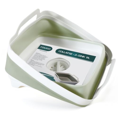 Image of FOSJGO Collapsible Dish Basin with Drain Plug, 2.4 Gal (9L) Space-Saving Foldable Sink, Wash Basin for Kitchen, Baby Bottles, Vegetable Washing, Camping, RV and Party Beverage Tubs (Light Green)