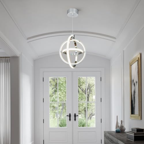 Image of Modern LED Pendant Light Chrome Pendant Lights 4000K Dimmable External Glow Height Adjustable Pendant Lighting for Kitchen Island Dining Room Bedroom Living Room Foyer(3-Ring)
