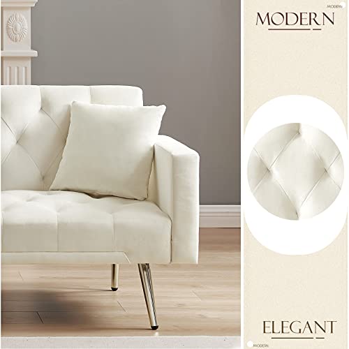 Convertible Velvet Futon Sofa Bed, 73-Inch Sleeper Couch With 3 Reclining Angles, Living Room Loveseat Sofa With Golden Tapered Metal Legs, Cream White #TOP3