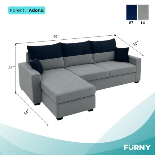 Image of FURNY Premium Huster 4 Seater Fabric LHS L Shape Sofa Set for Living Room | with Velvet Fabric in Dark Blue & Light Grey Color | Durable Comfort | Modern Design