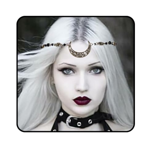 Obmyec Boho Head Chain Moon Headpieces Rhinestone Hair Chains Wedding Hair Accessories for Women and Girls (Black)