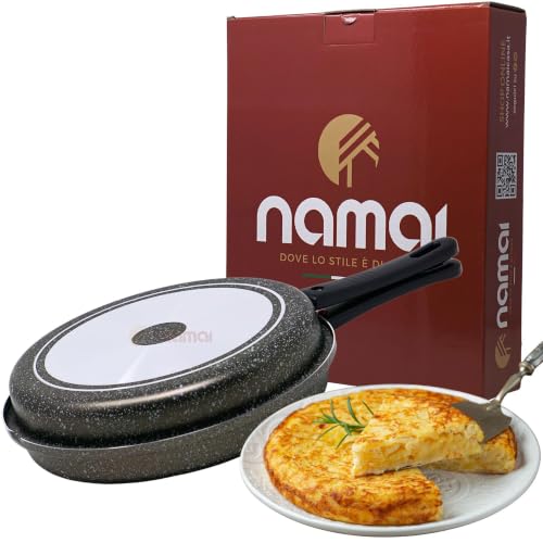 NAMAI - Poêle Double Compartiment 24CM - Lavable au Lave-Vaisselle - Poignée Amovible - Aluminium - Pour Omelette et Tortillas - Made in Italy (24 CM)