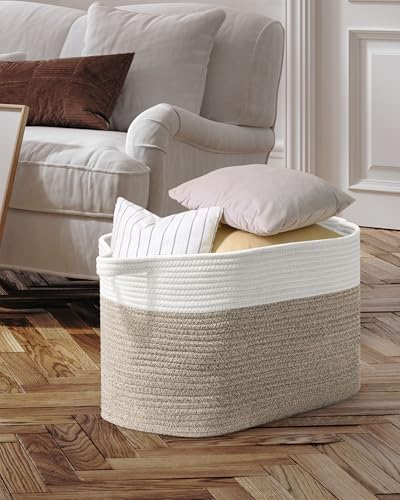 JOJOSEE Large Storage Basket, Blanket Basket for Clothes Bedding, Woven Storage Baskets, Toy Storage for Kids, Rope Basket for Living Room, Nursery, Bedroom 55x38x30 cm (White&Brown, 1 Pack) - Image 6