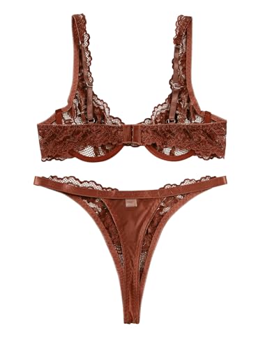 Image of Lilosy Sexy Floral Lace Scallop Underwire Push Up Sheer Lingerie Set Outfits