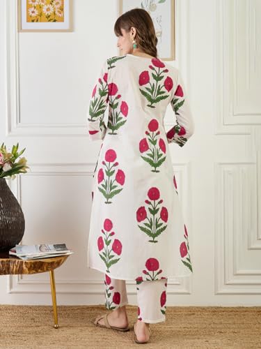 Image of INDO ERA Women's White Pure Cotton Printed Straight Kurta & Pant Set (KS0WH6702)