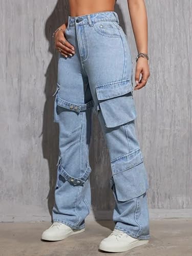 Image of Glossia Fashion Blue Women Cargo Jeans | High Waist Stretchable Wide Leg Loose Fit Denim| Boyfriend Cargo Jeans for Women(WJ-1225)