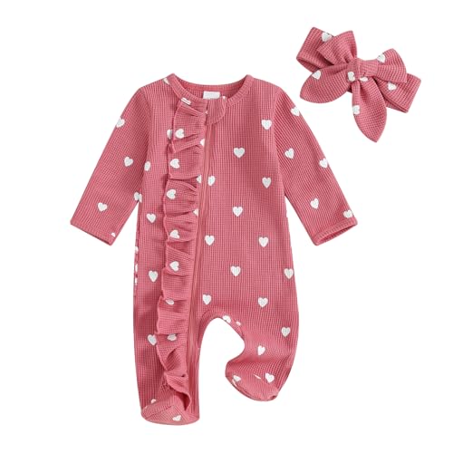 Image of Filgriox My First Valentines Baby Girl Outfit Newborn Footie Romper Heart Bodysuit + Headband Infant One Piece Outfit