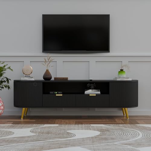 Image of Wooden TV Unit for Living Room | Media Console Movable Tv Cabinet | Free Standing Tv Unit with 2 Doors Drawers & 5 Shelf Storage | Sideboard Cabinet | HDMR Premium Wood & Iron Leg, Black