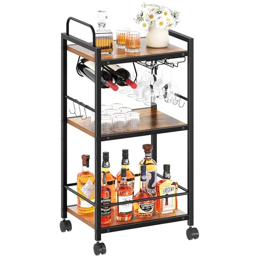 Bar Cart for The Home, 3 Tier Kitchen Carts with Wheels, Small Rolling Cart with Glass Holders, Wine Rack, Mini Bar Cart for Kitchen, Dining room, Living Room, 13.0"D x 17.0"W x 33.8"H, Rustic Brown
