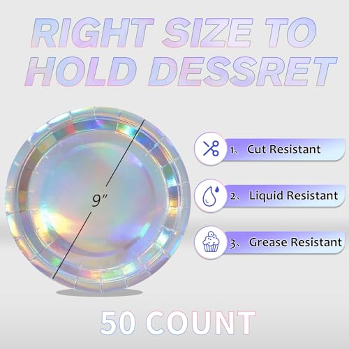 Image of Iridescent Disposable Paper Plates, 9 inch Dinner Party Plates, 50 Count
