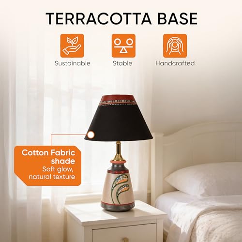 Image of AAKRITI ART CREATIONS Terracotta Table Lamp for Study Room, Bedroom & Living Room Decoration | Floral Floral Pottery Art Bedside Lamp with Cotton Fabric Shade | Aesthetic Night Lamp