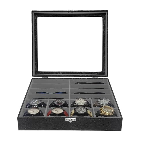 Estojo Caixa para 8 Relógios e 8 Óculos com Interno Cinza Maleta Organizadora