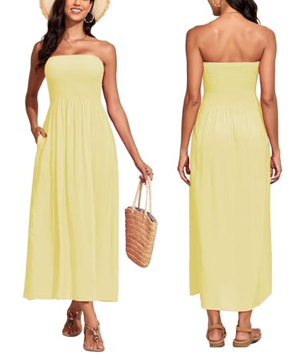 Image of Capuffy Women Strapless Boho Maxi Dress Sleeveless Tube A Line Summer Sundress with Pockets Flowy Swing Beach Dress 33