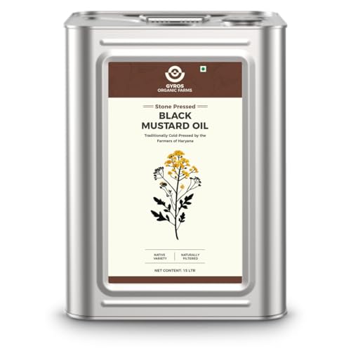 Image of Gyros Organic Farms Stone Cold Pressed Black Mustard Oil 15 Litre Tin /Chemical Free /Kacchi Ghani /Chekku /Sarso Tel /Good for Heart /Cholesterol Free /100+ Lab-Tested Quality